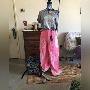 Adorable pink butterfly corduroy wide leg pants